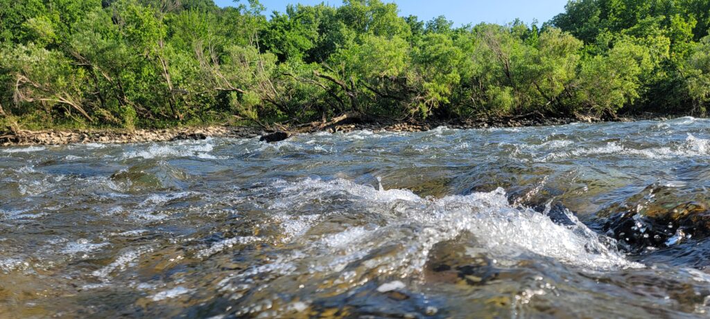 river water rolling over rocks with trees in background